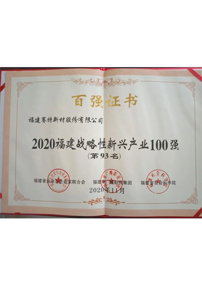 certificate of 93rd place among the top 100 strategic emerging industries in fujian in 2020
